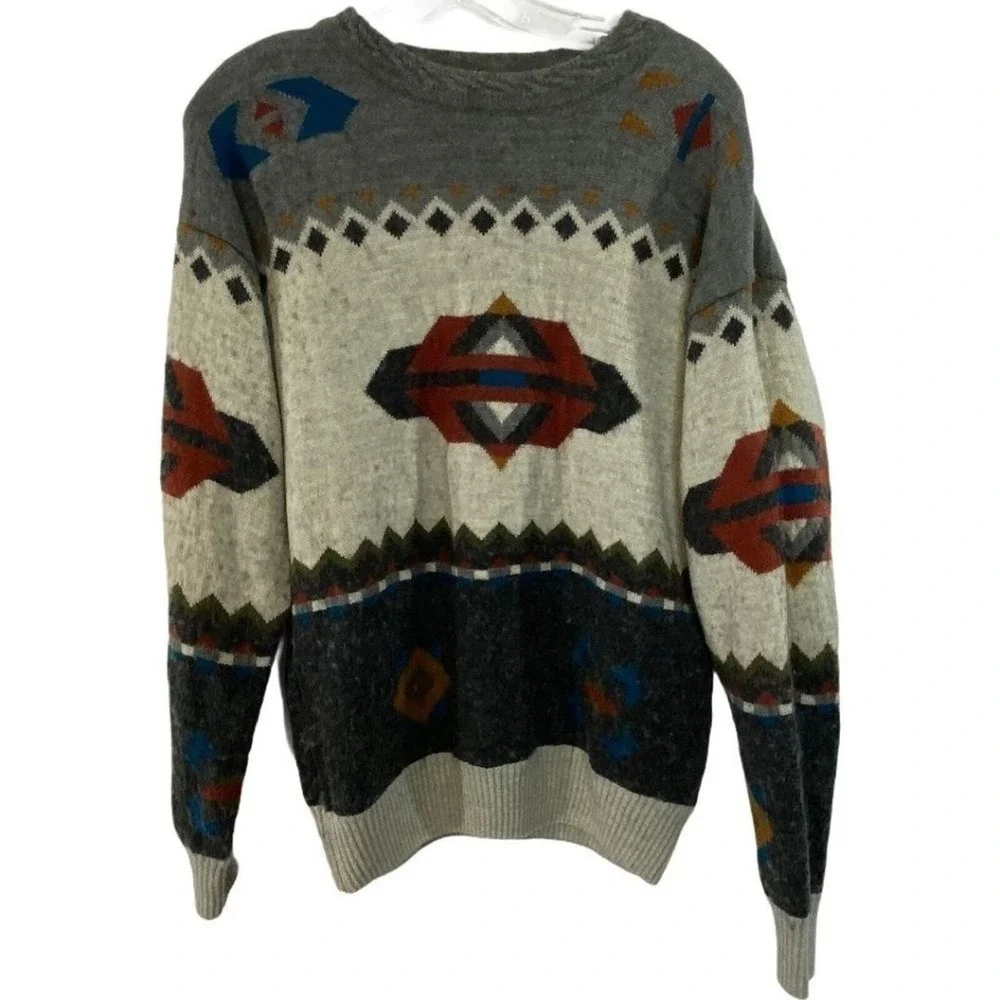 Aggio Vintage Mens Southwestern Geometric Wool Blend Crewneck Sweater Grey Large